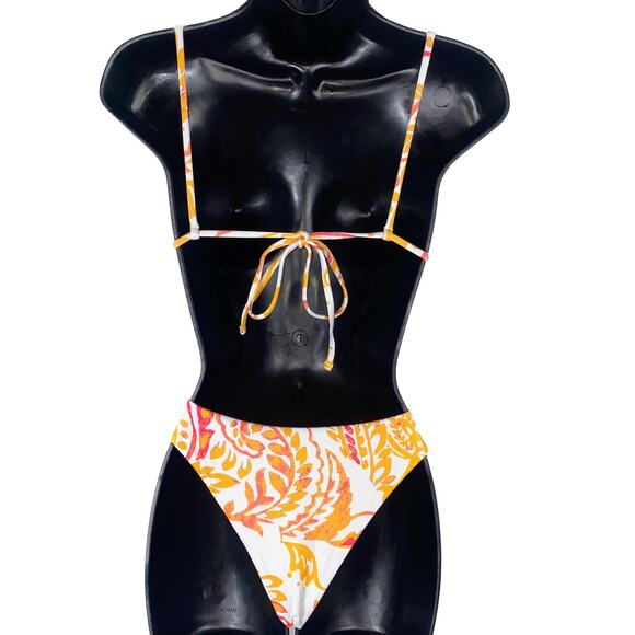 New Small Orange Pink Paisley Print Square Neck‎ Bandeau Bikini Halter Swimsuit - Picture 5 of 6